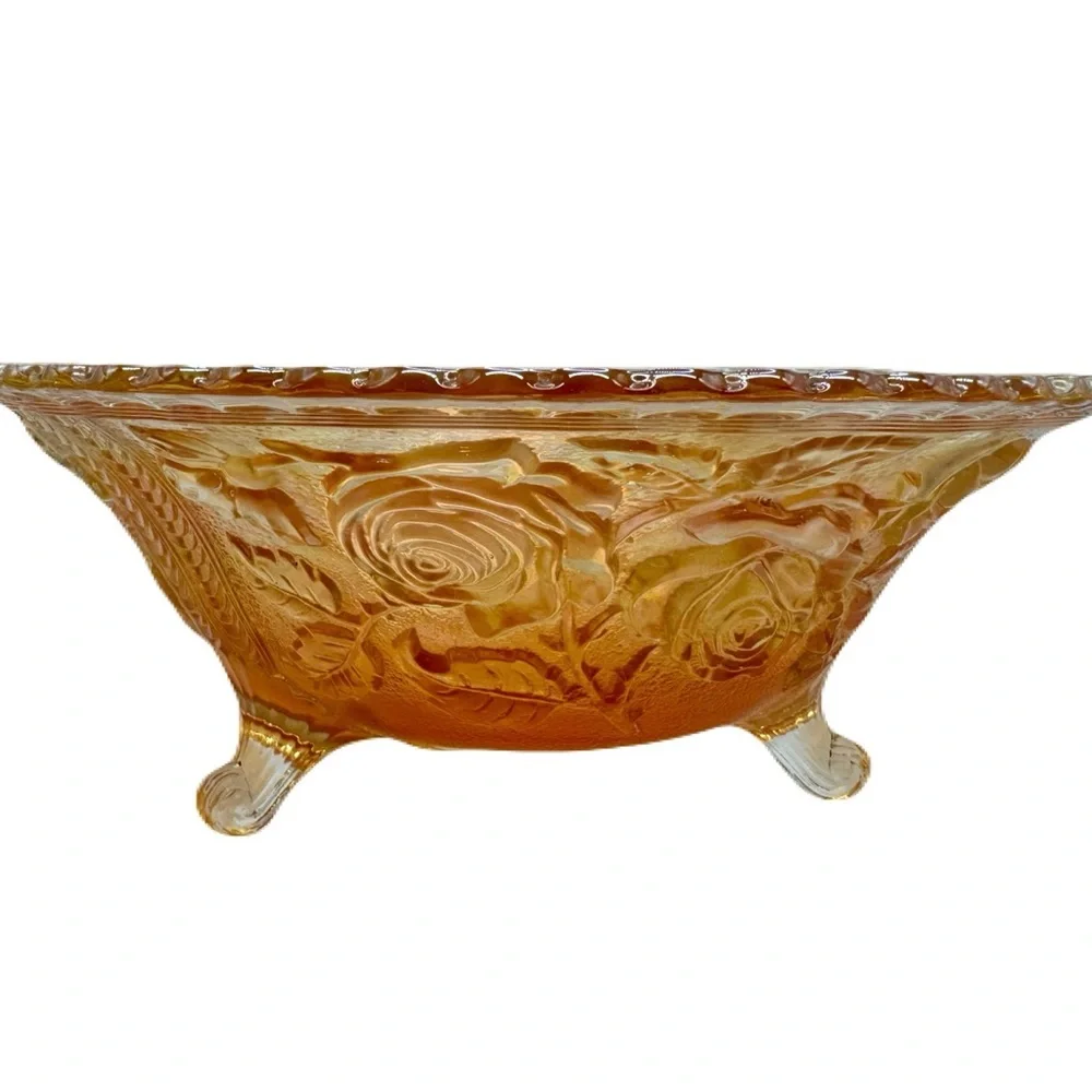 Vintage 11” Imperial Glass Open Lustre Rose Marigold Glass Large Footed Bowl